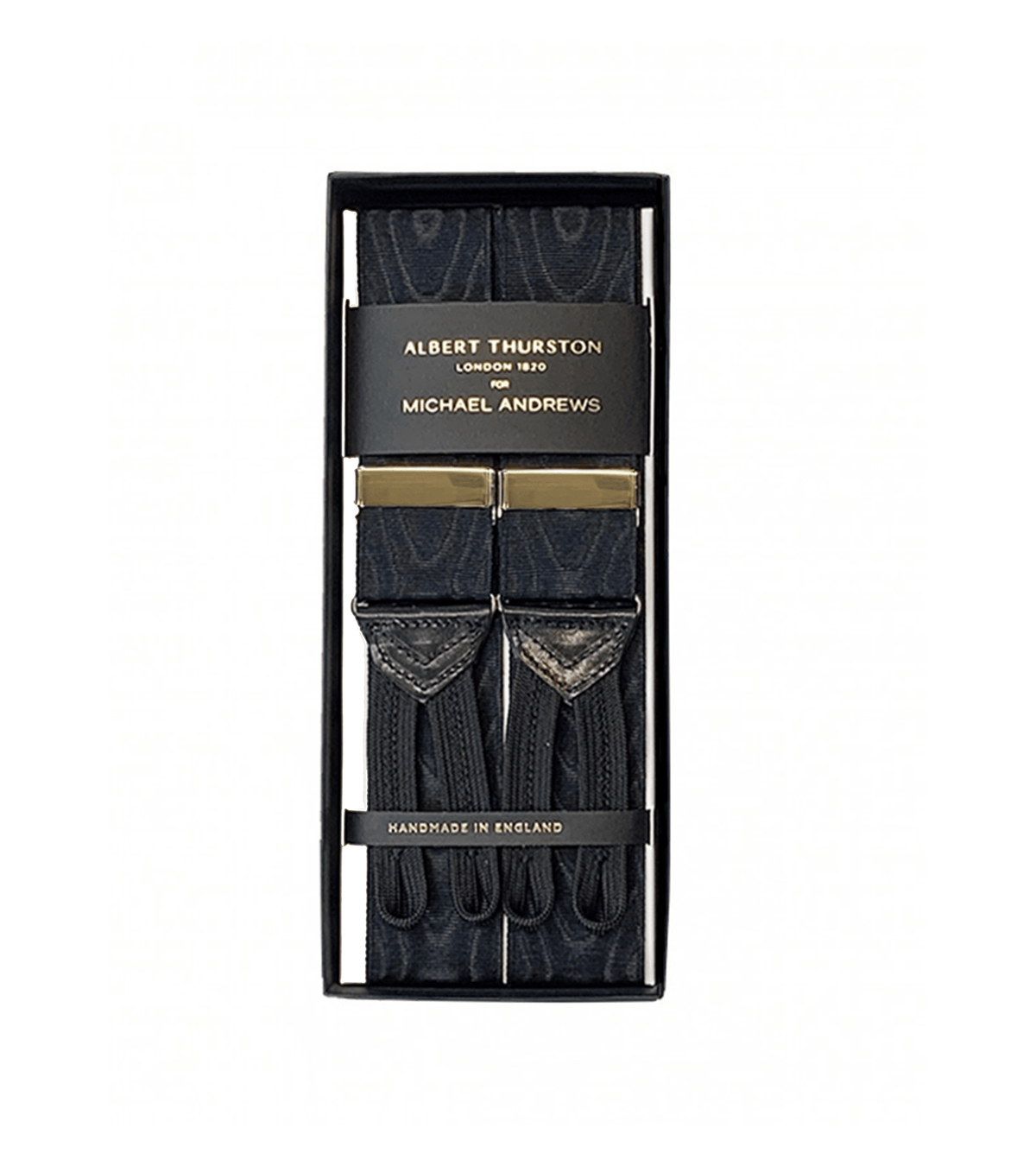 Albert Thurston Black Moire Suspenders with Gold Hardware - custom suits nyc bespoke tailor midtown, noho