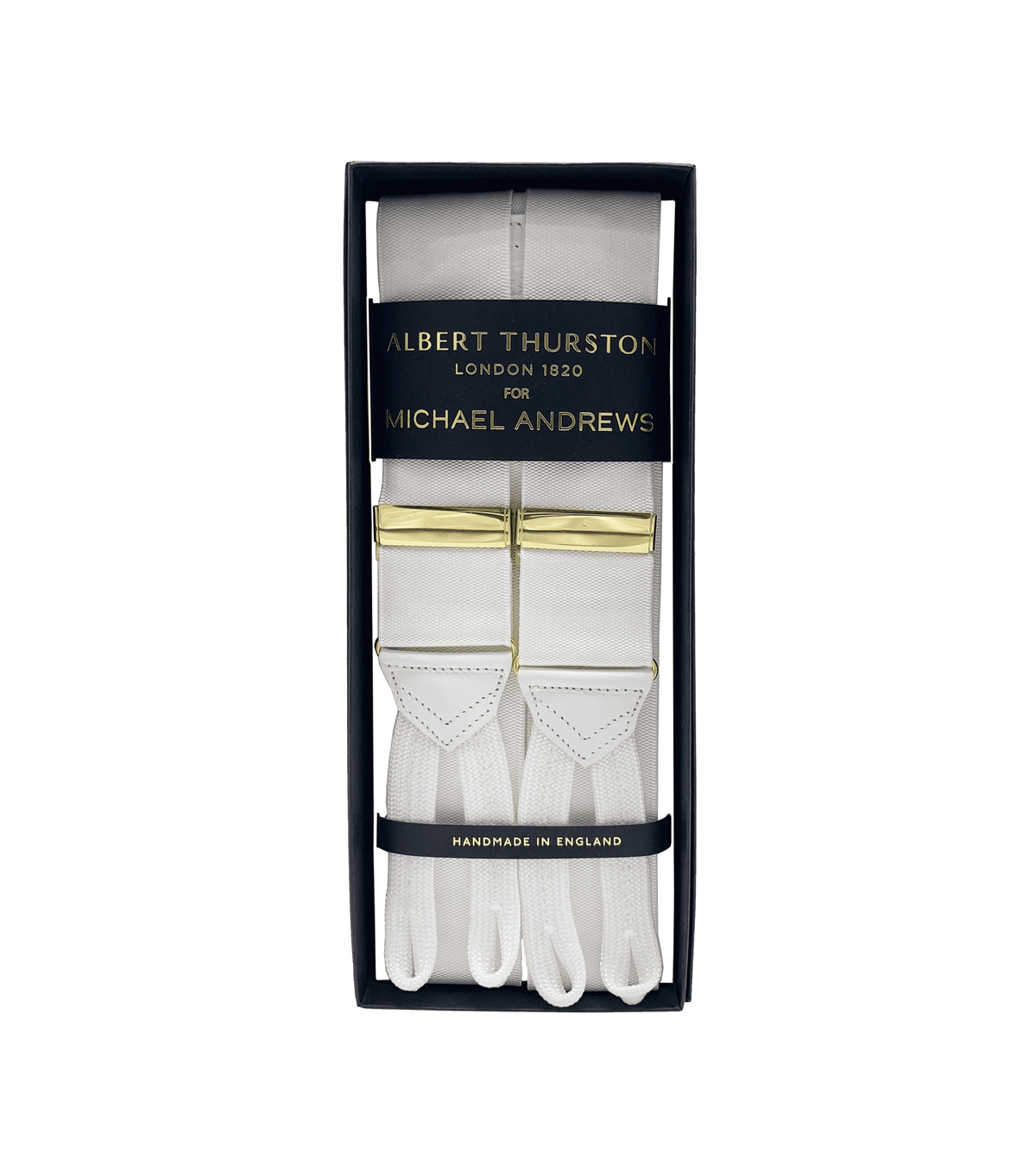 (product) White Solid Suspenders w Gold Hardware - custom suits nyc bespoke tailor midtown, noho