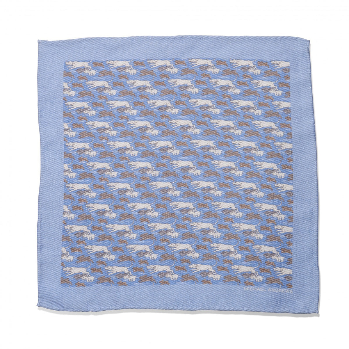 (product) Hunting Hounds in Blue, Tan & White Pocket Square, full view - custom suits nyc bespoke tailor midtown, noho