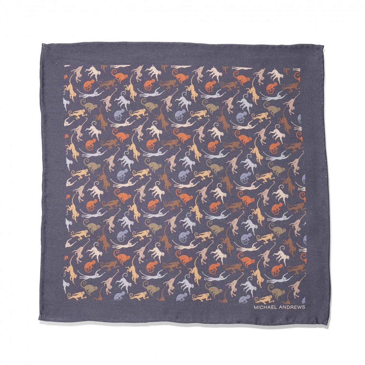 (product) Navy, Tan & White Monkeys Pocket Square, full view - custom suits nyc bespoke tailor midtown, noho