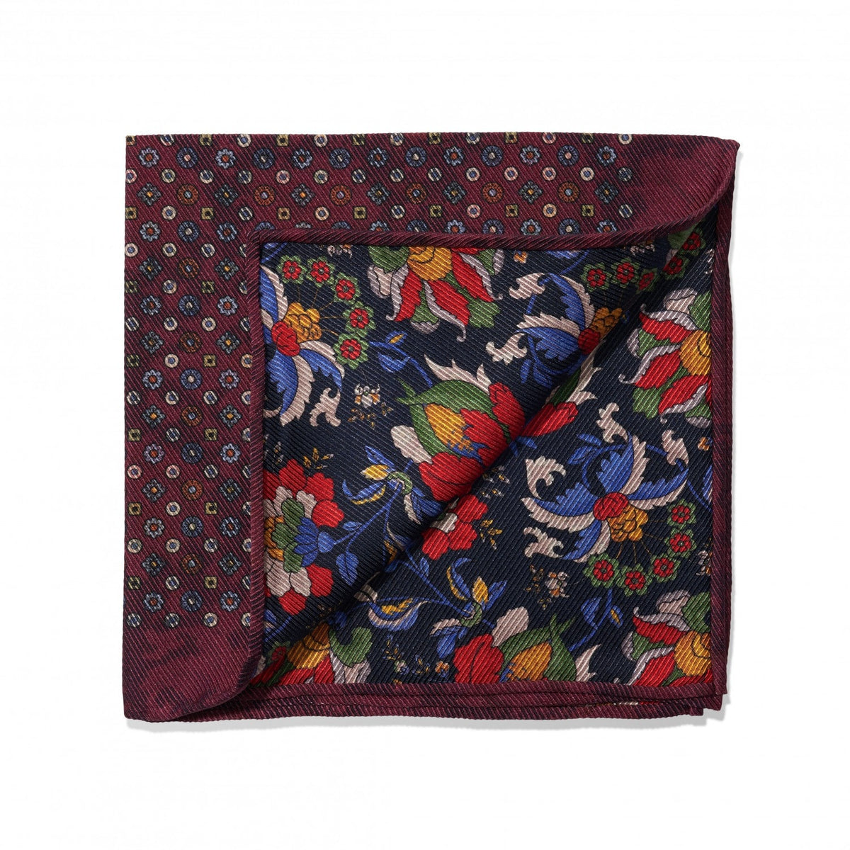(product) Maroon Medallion and Floral Print Double Sided Pocket Square, folded - custom suits nyc bespoke tailor midtown, noho