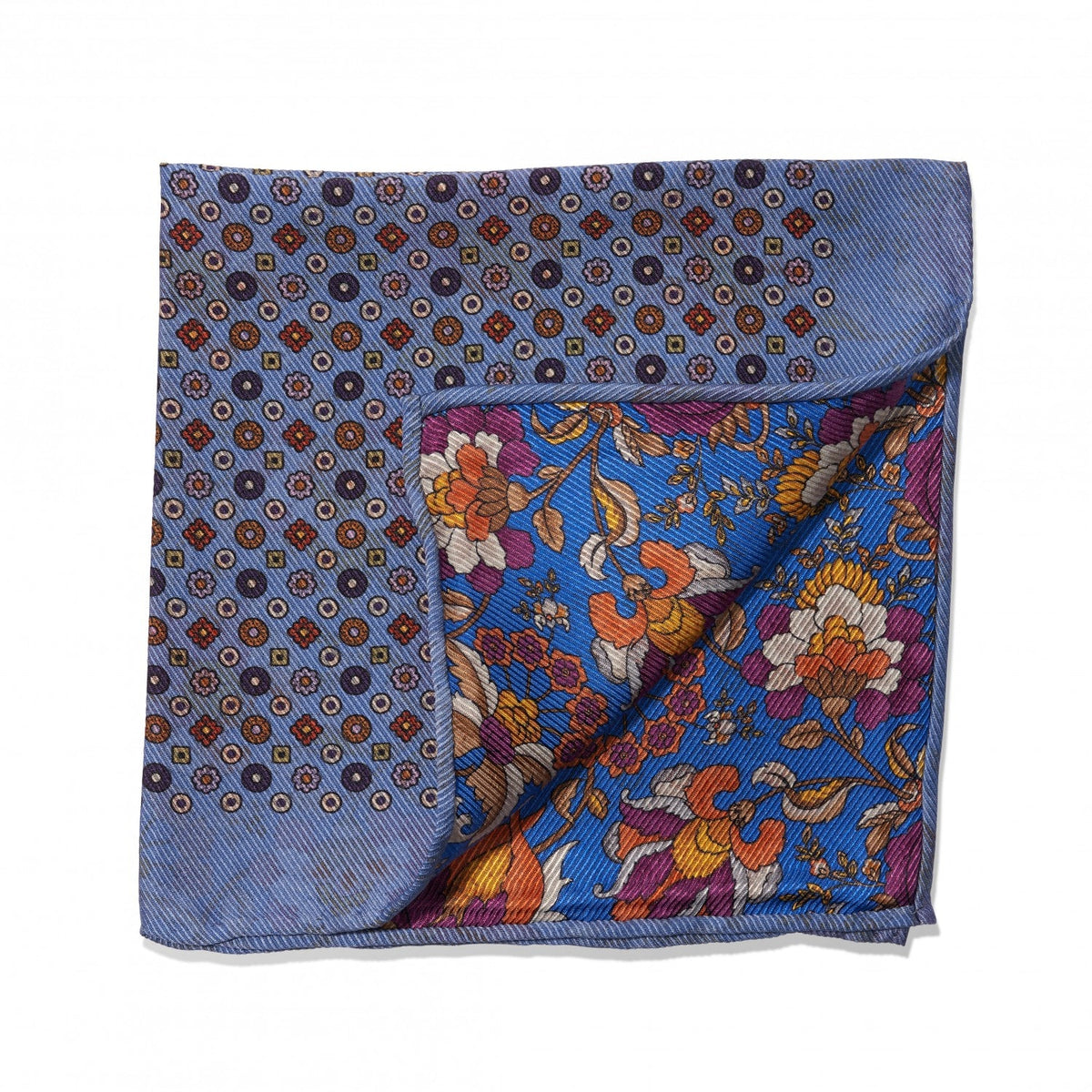 (product) Light Blue Medallion and Floral Print Double Sided Pocket Square, folded - custom suits nyc bespoke tailor midtown, noho