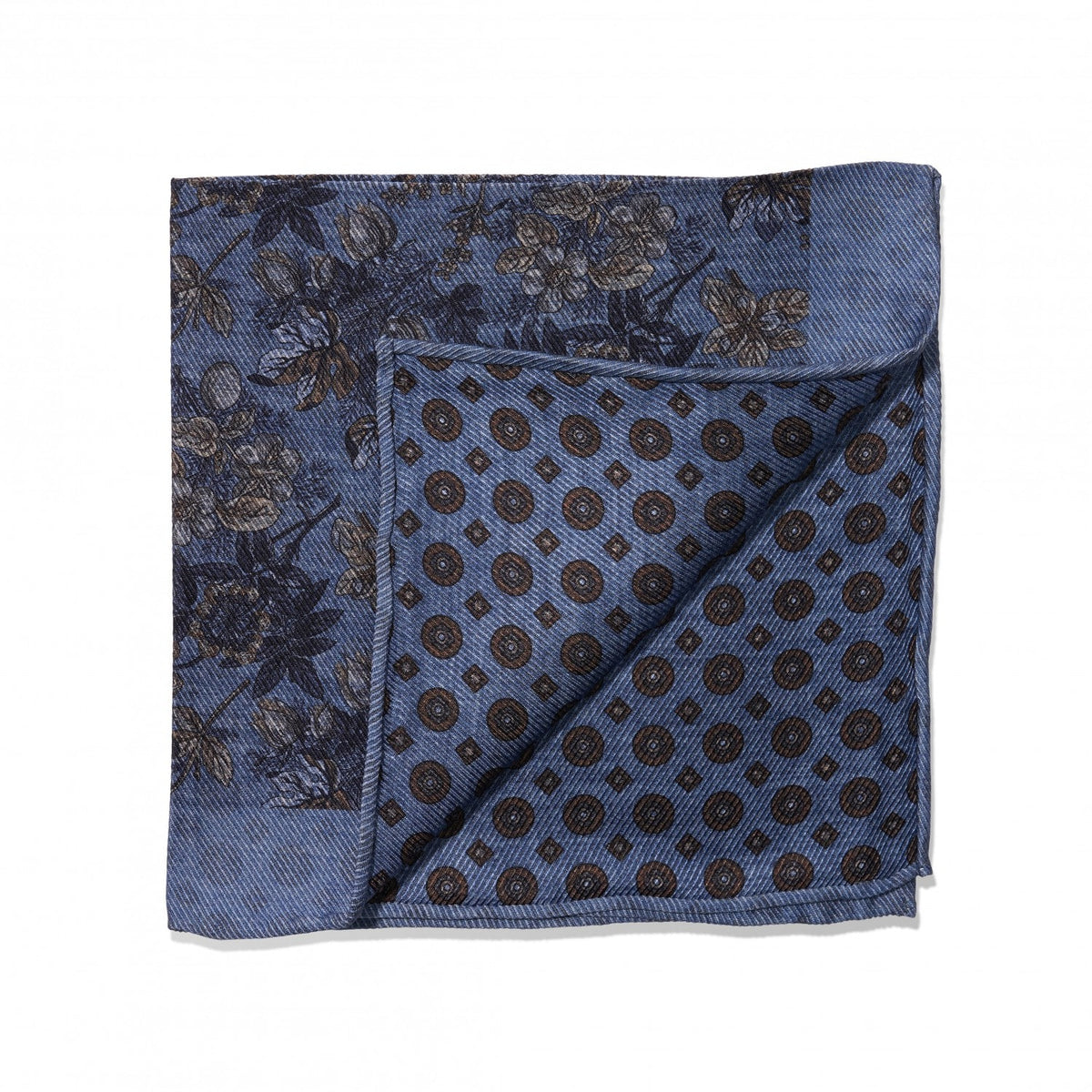 (product) Blue, Grey & Tan Floral & Large Medallion Double Sided Pocket Square, folded - custom suits nyc bespoke tailor midtown, noho
