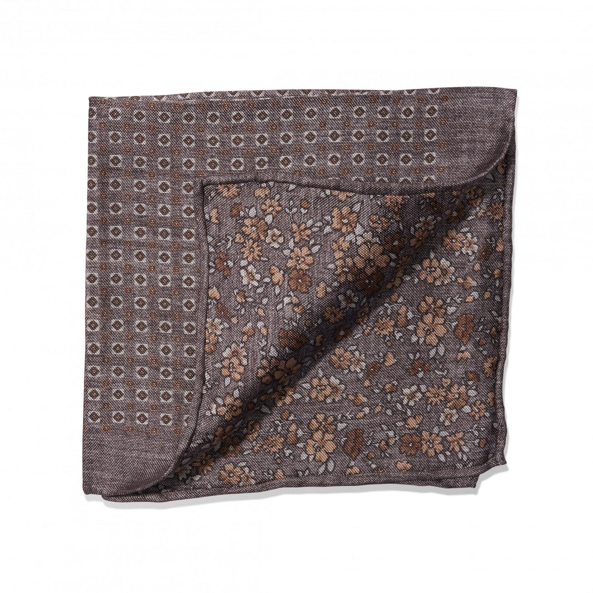 (product) Grey Geometric Dots & Floral Double Sided Pocket Square, folded - custom suits nyc bespoke tailor midtown, noho