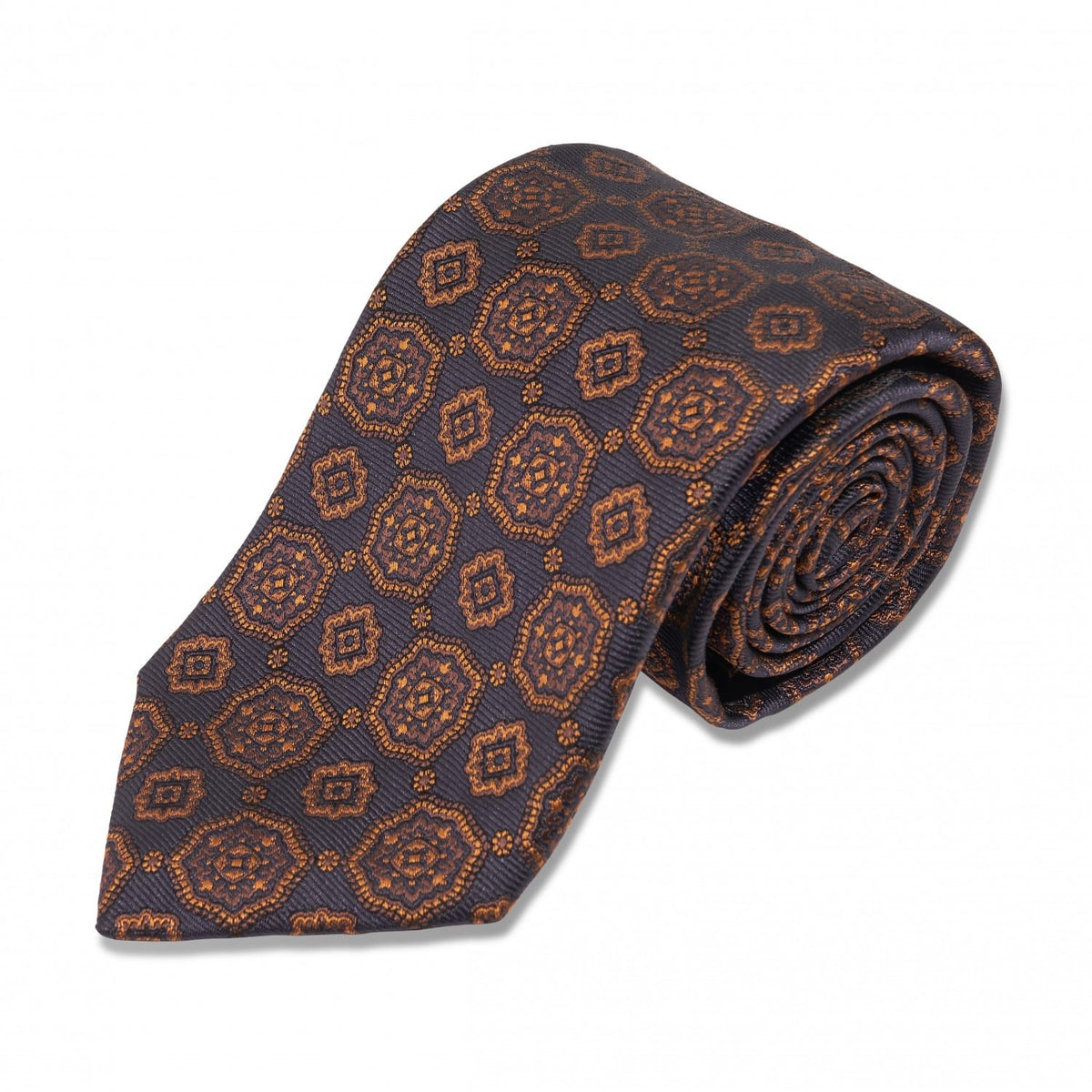 (product) Navy with Gold Medallion Silk Necktie, rolled - custom suits nyc bespoke tailor midtown, noho