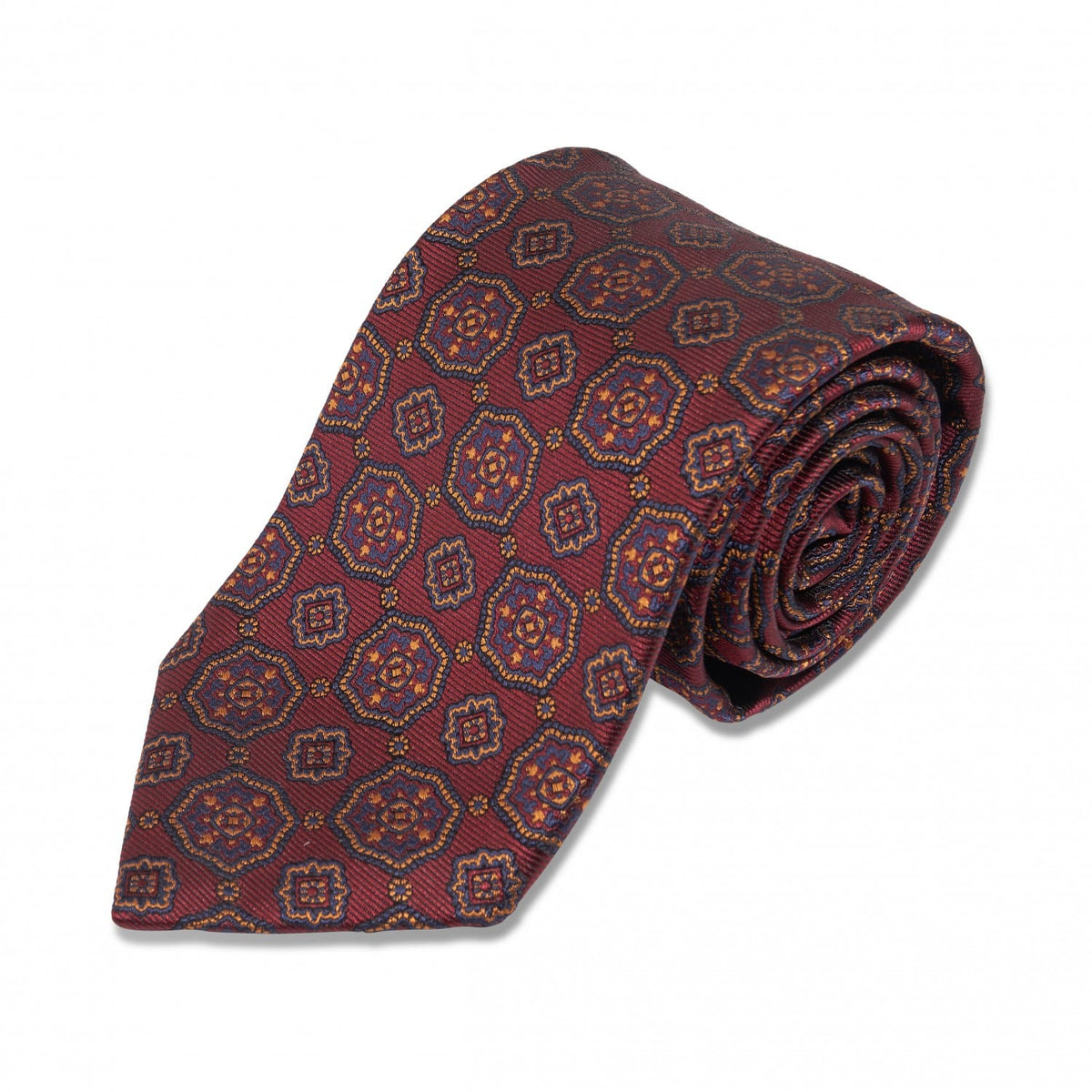 (product) Maroon with Navy & Gold Medallion Silk Necktie, rolled - custom suits nyc bespoke tailor midtown, noho