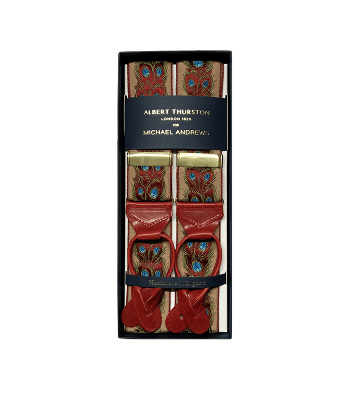 Albert Thurston Salmon and Red Jacquard Peacock Motif Suspenders with Gold Hardware - custom suits nyc bespoke tailor midtown, noho