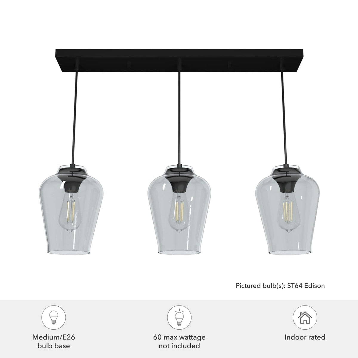 Vidria Smoked Glass 3 Light Linear Pendant Cluster