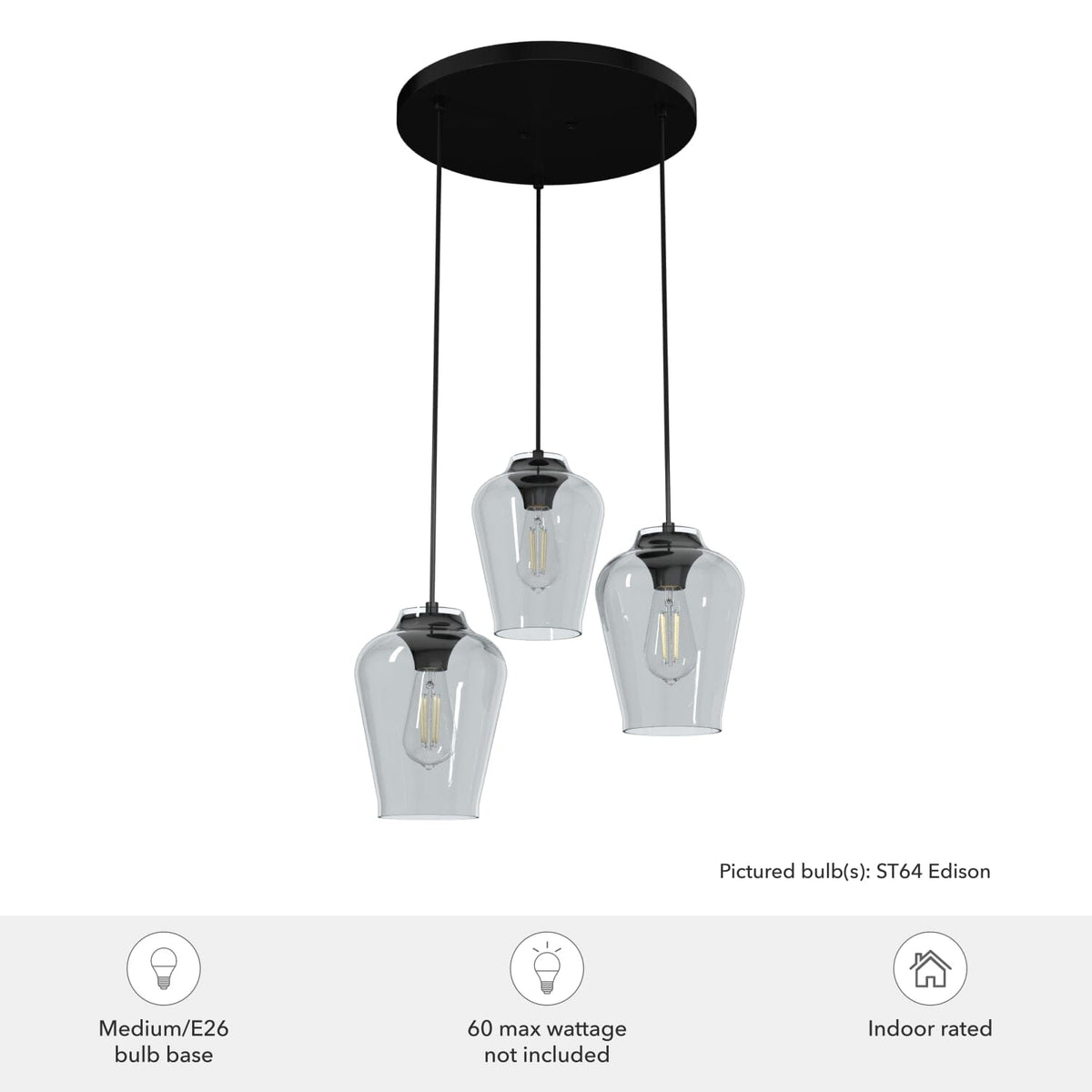 Vidria Smoked Glass 3 Light Round Pendant Cluster