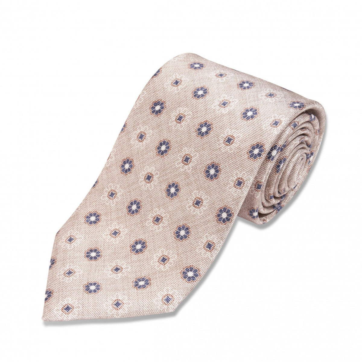 Light Tan with Blue and Brown Flowers Silk Necktie - custom suits nyc bespoke tailor midtown, noho