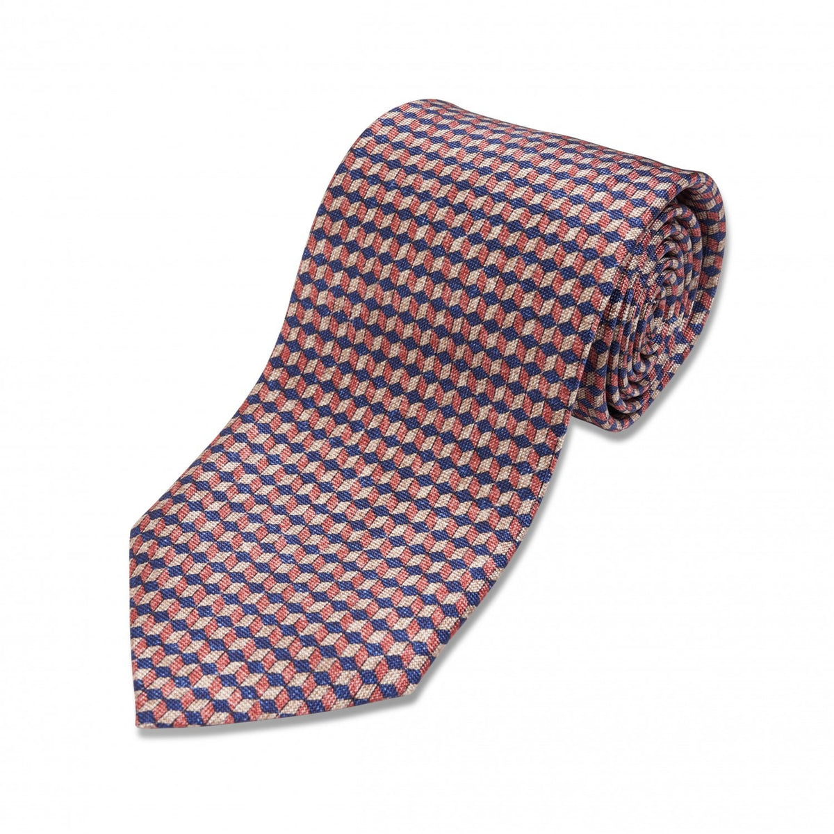 Blue, Pink and Ivory Geometric Cube Silk Necktie - custom suits nyc bespoke tailor midtown, noho