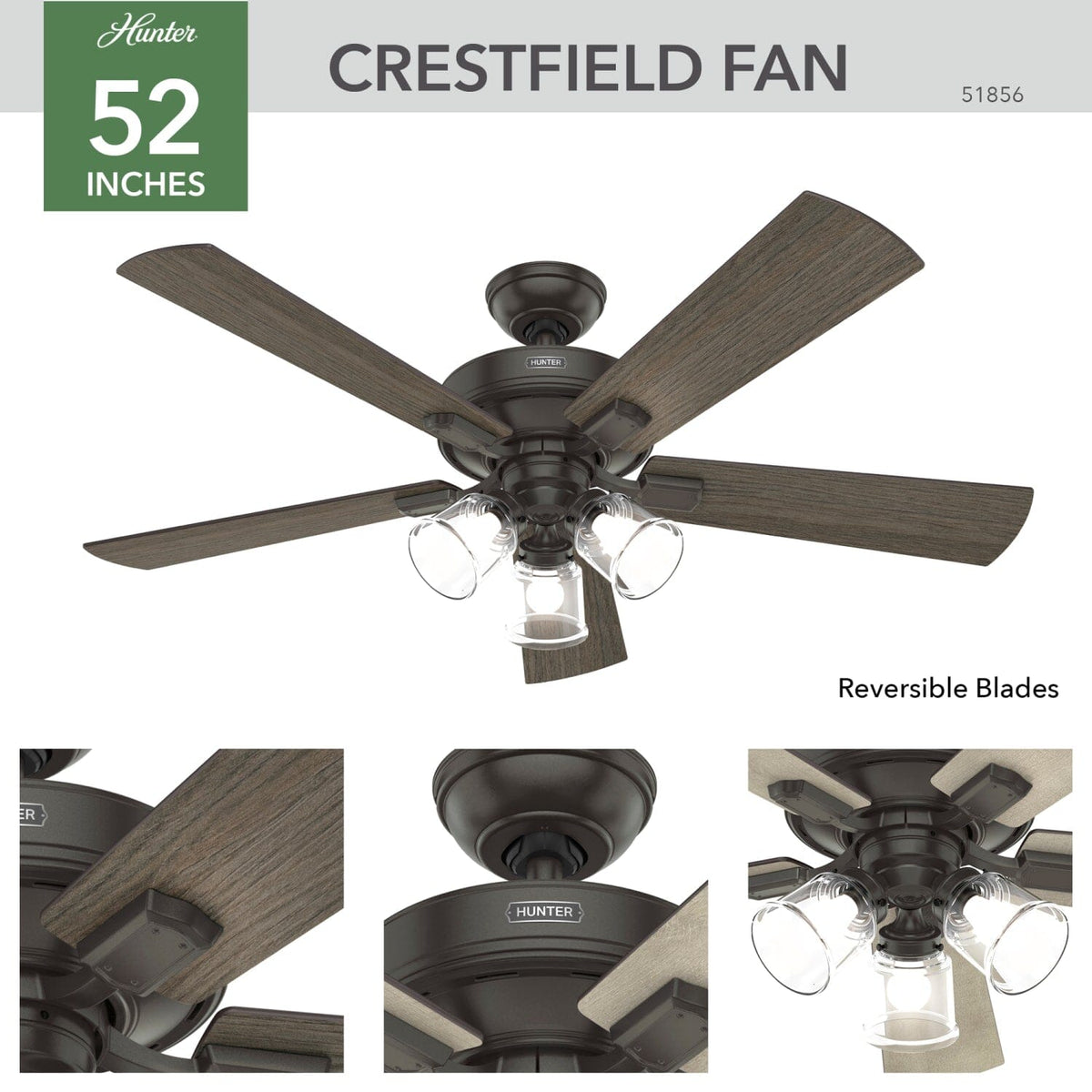Crestfield with 3 LED Lights 52 inch with remote