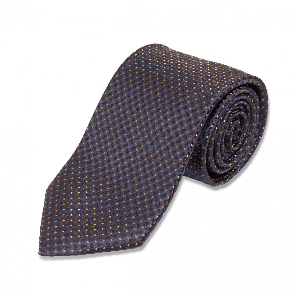 Navy with Brown and Yellow Dots Silk Necktie - custom suits nyc bespoke tailor midtown, noho