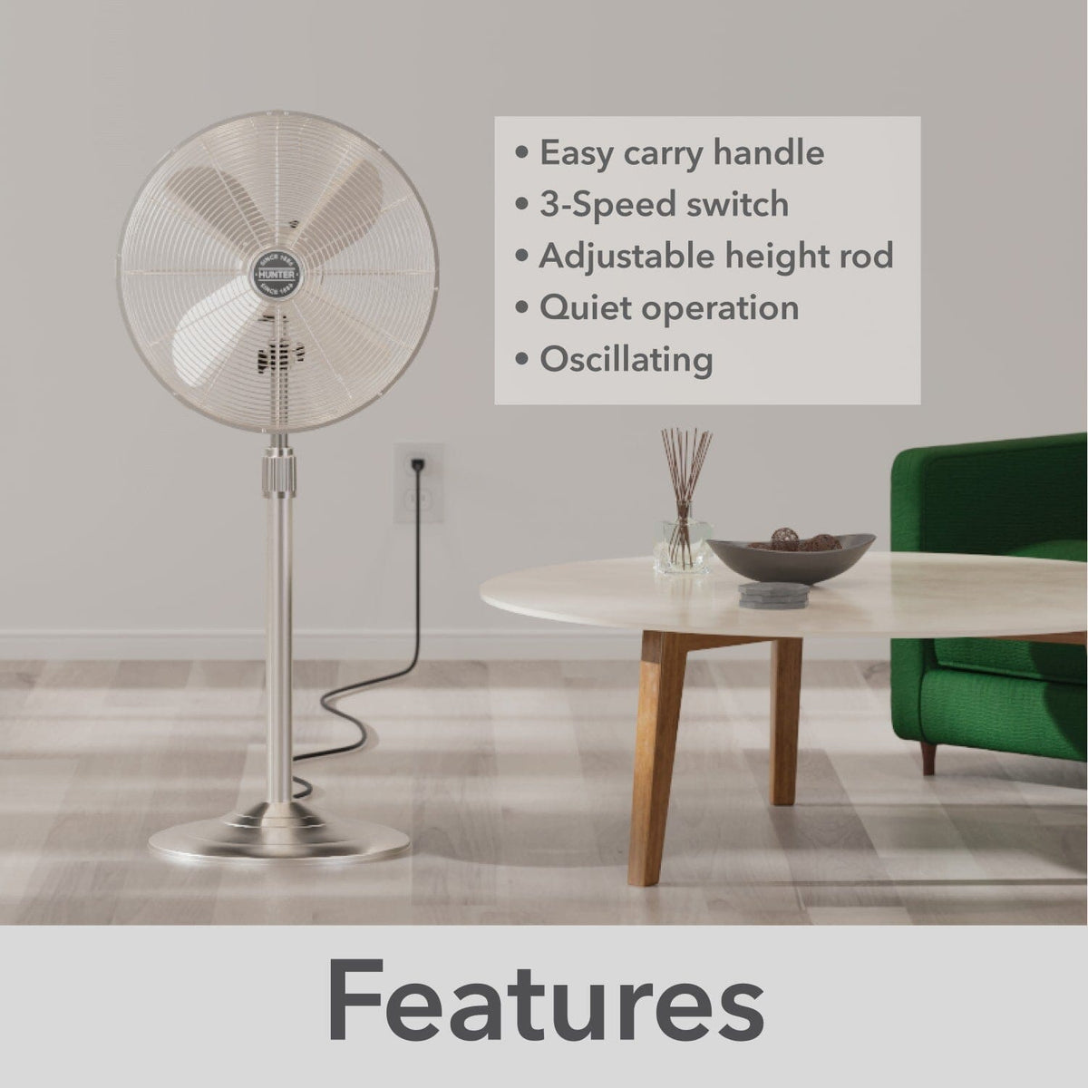 Oscillating Standing Fan Adjustable Height 47 Inch with 3 speeds
