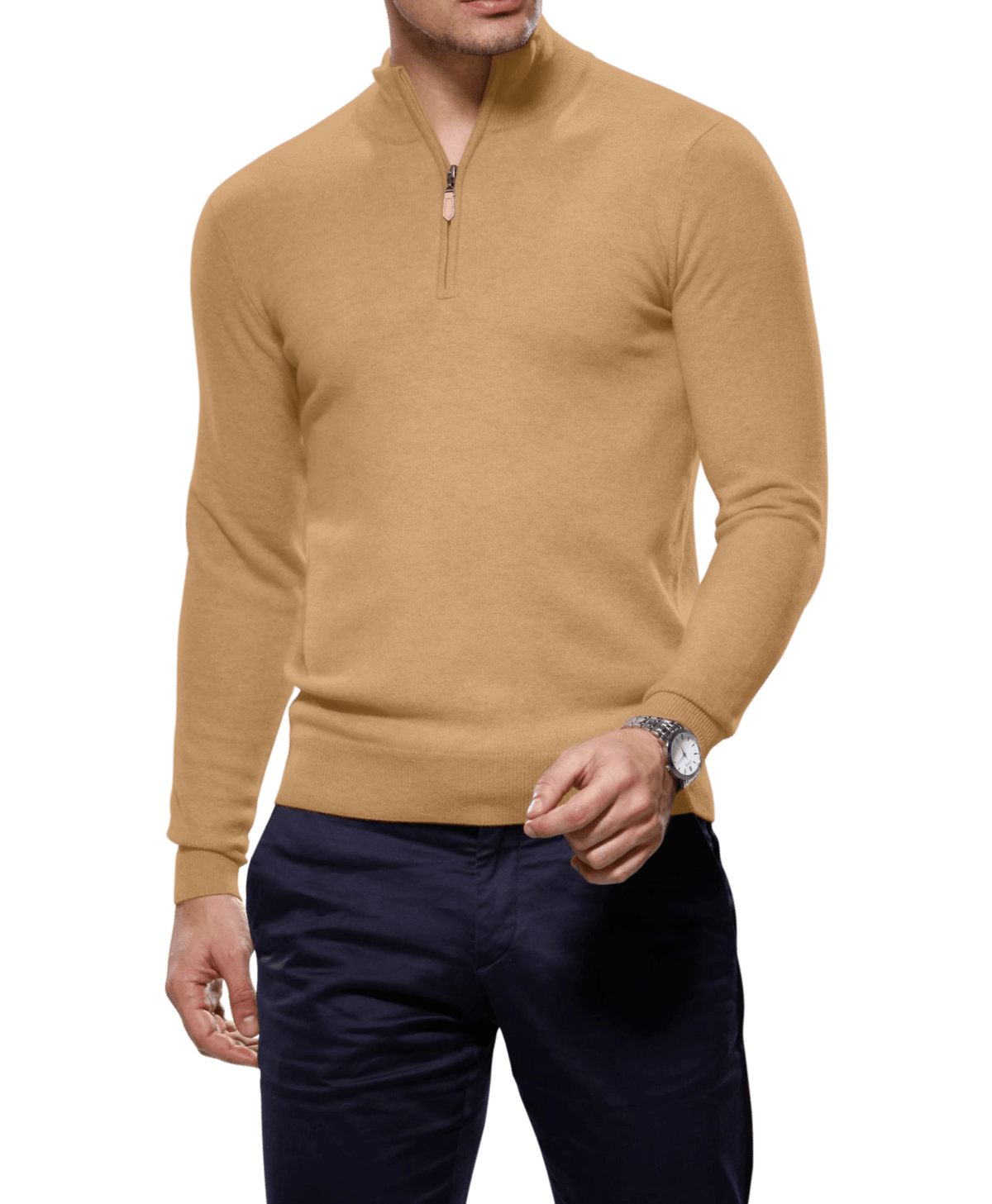 (product) Camel Cashmere 1/4 Zip Mock Sweater - custom suits nyc bespoke tailor midtown, noho