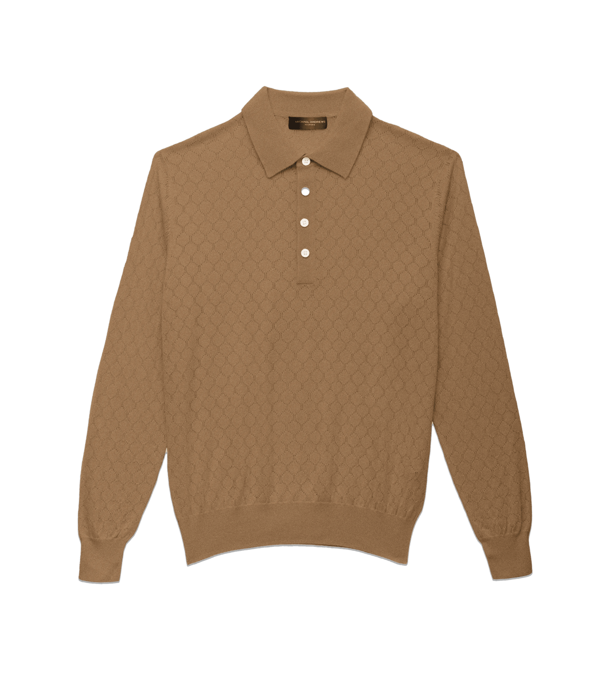 Michael-Andrews-Honeycomb-Long-Sleeve-Four-Botton-Polo-Camel - custom suits nyc bespoke tailor midtown, noho