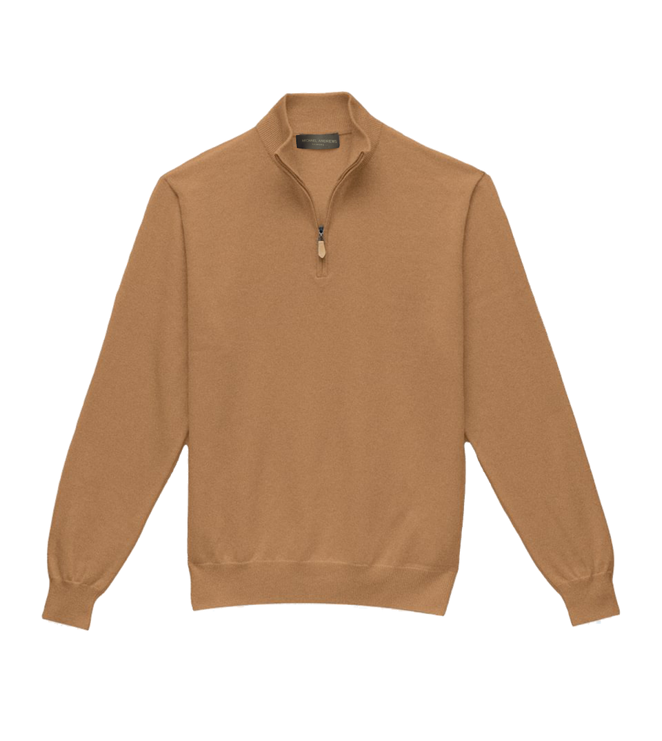 Michael Andrews Custom Merino Wool 1/4 Zip Mock Sweater in Camel - custom suits nyc bespoke tailor midtown, noho