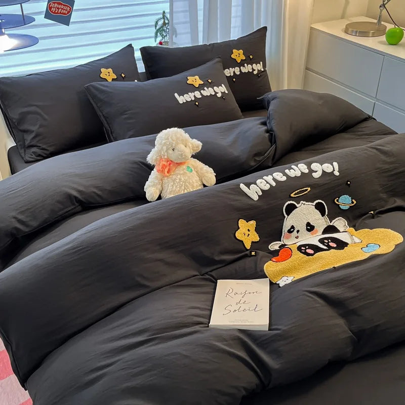 Afralia™ Cartoon Pattern Embroidered Bedding Sets: Cozy, Soft, and Breathable for Kids and Adults