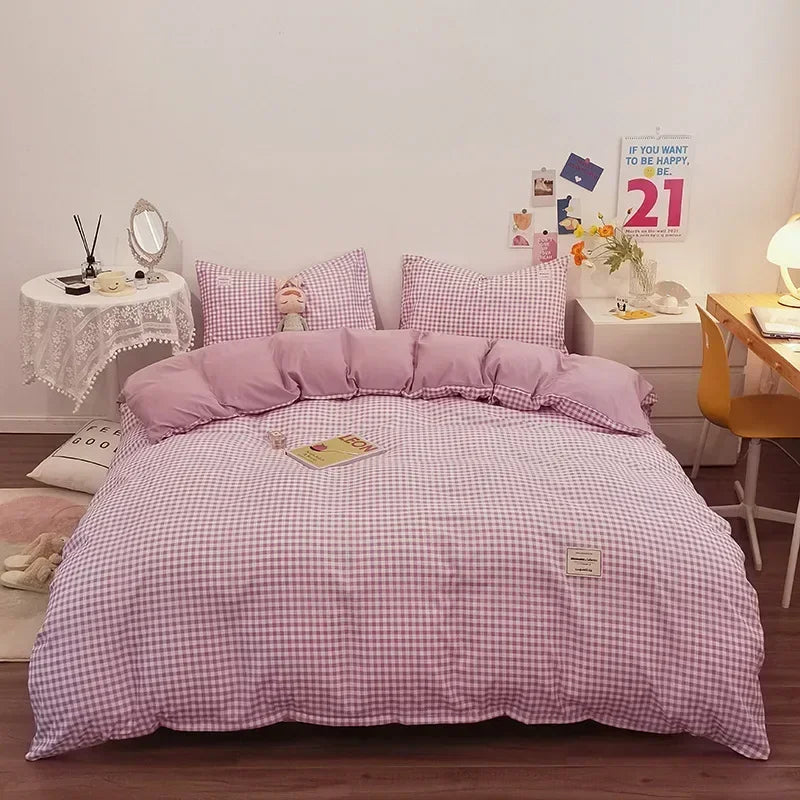 Afralia™ Japanese Grid Print Bedding Set for All Seasons, Queen/King Size Quilt Cover