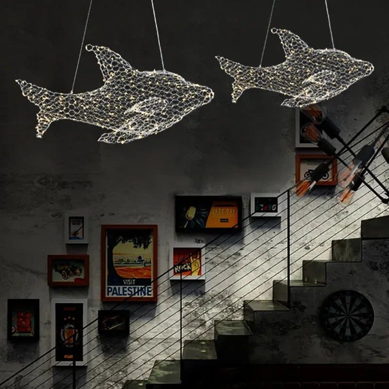 Afralia™ Fish-shaped Iron Net Pendant Lights, Industrial Style for Stores and Coffee Shops