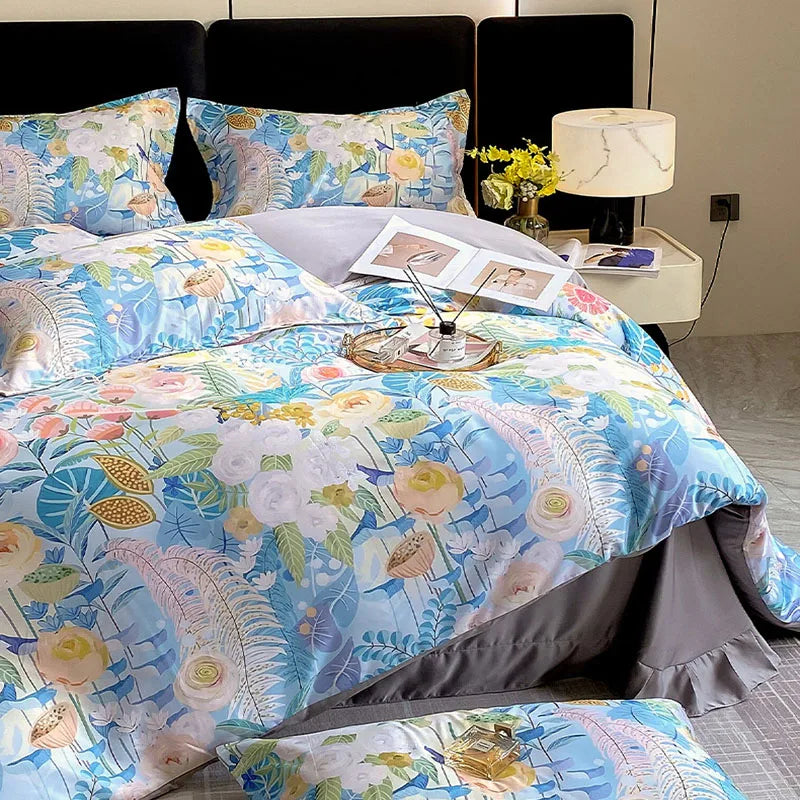 Afralia™ Summer Ice Silk Printed Bedding Set with Lace - Cooling Quilt, Duvet Cover, Pillowcases & Bed Sheet