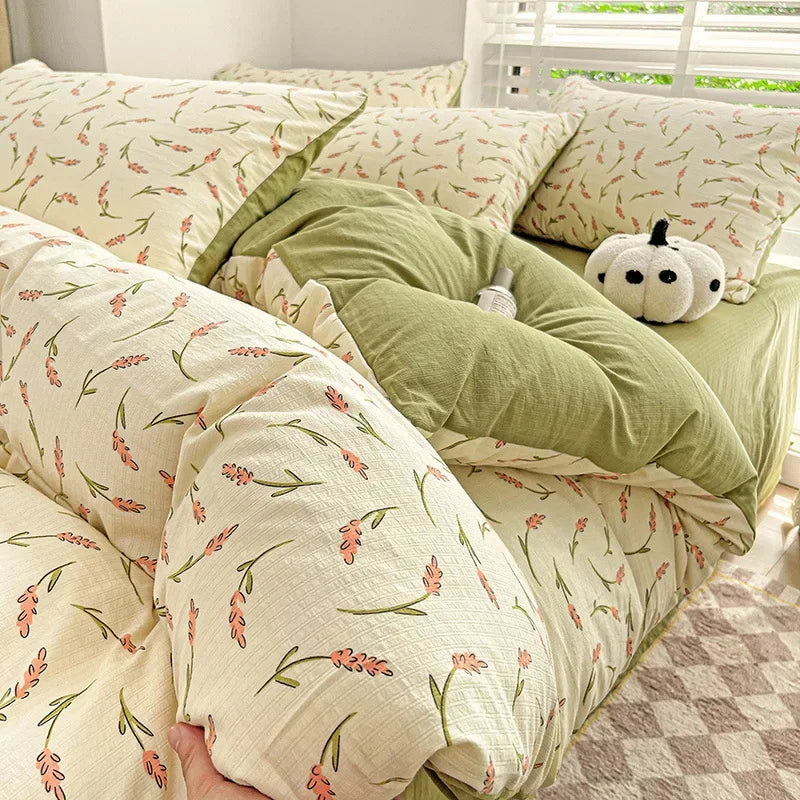 Afralia™ Cotton Flower Printed Comforter Set: Breathable Double-Layer Yarn, Soft Bedding for Girls