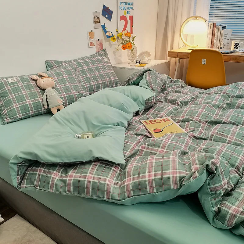 Afralia™ Striped Grid Printed Bedding Sets: Japanese Comfort for Summer