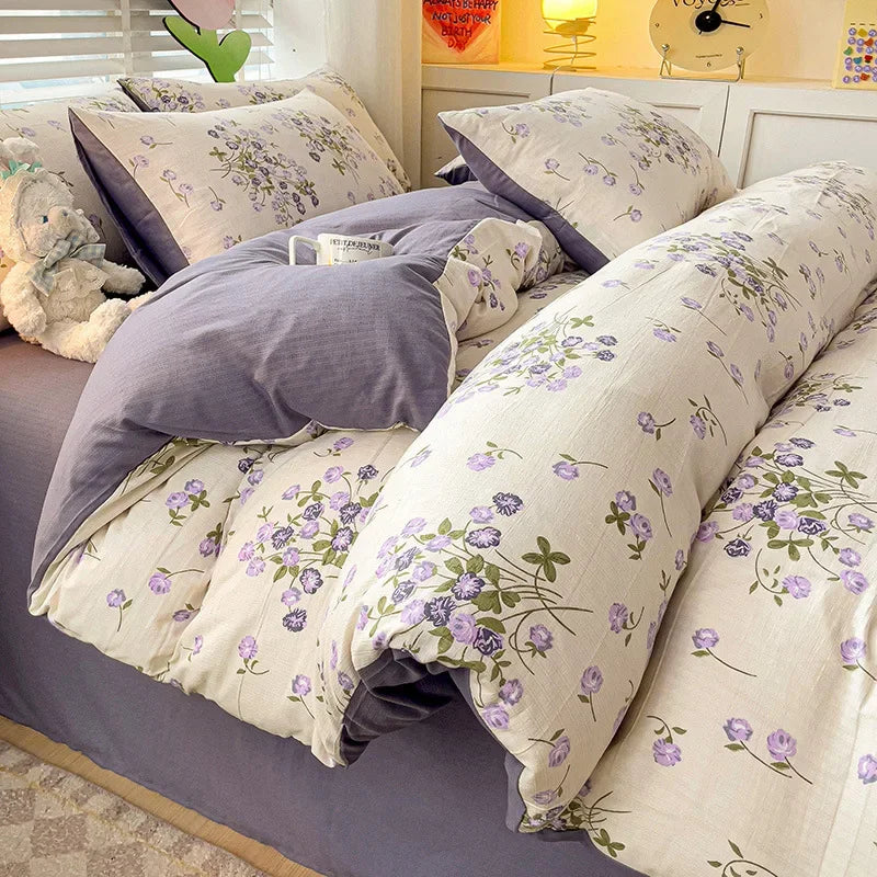 Afralia™ Flower Print Bedding Set 200X230Cm Soft Cotton Duvet Cover Set