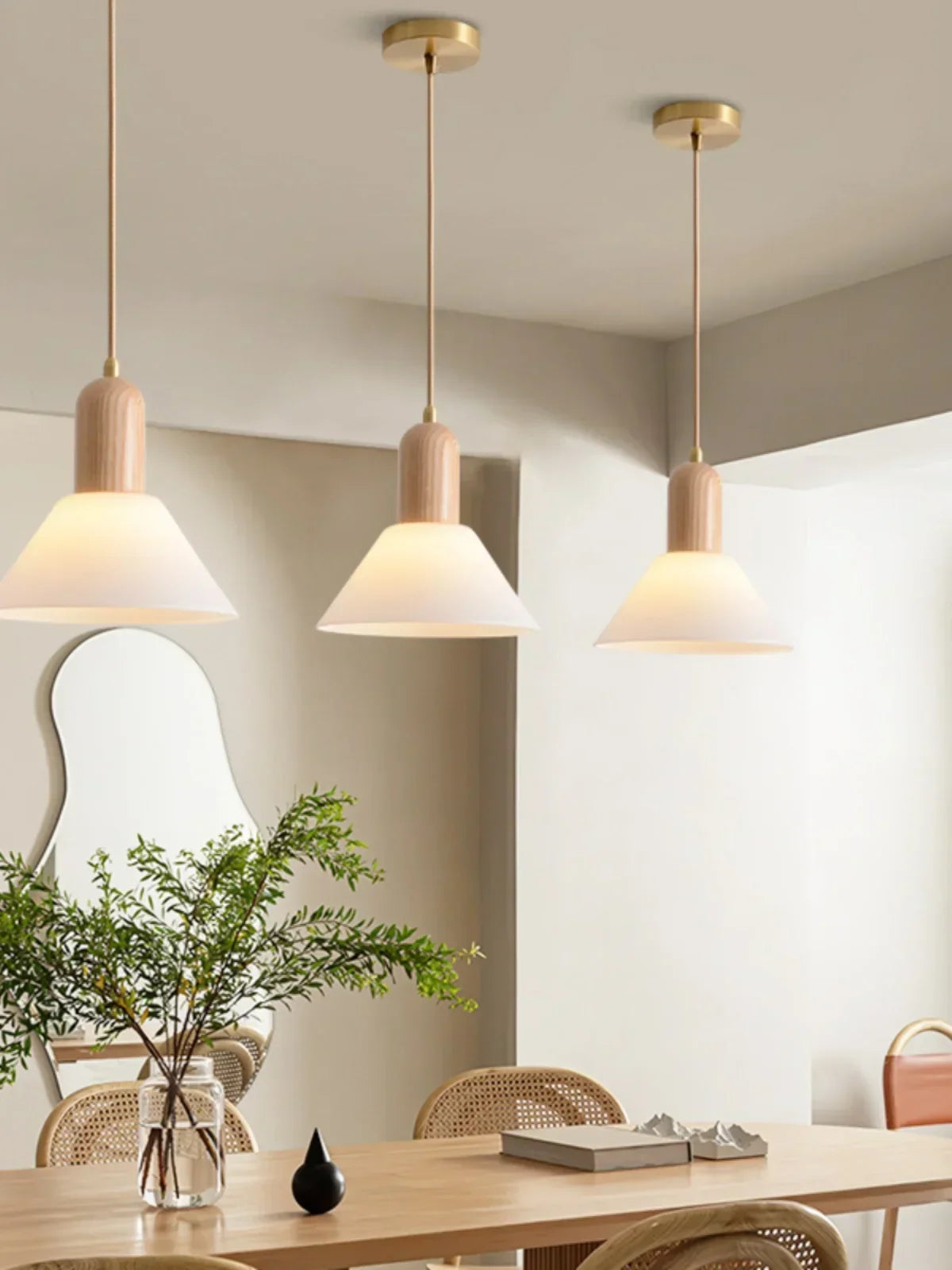 Afralia™ Wood Glass Pendant Light E27 Fixture Kitchen Dining Room Chandelier