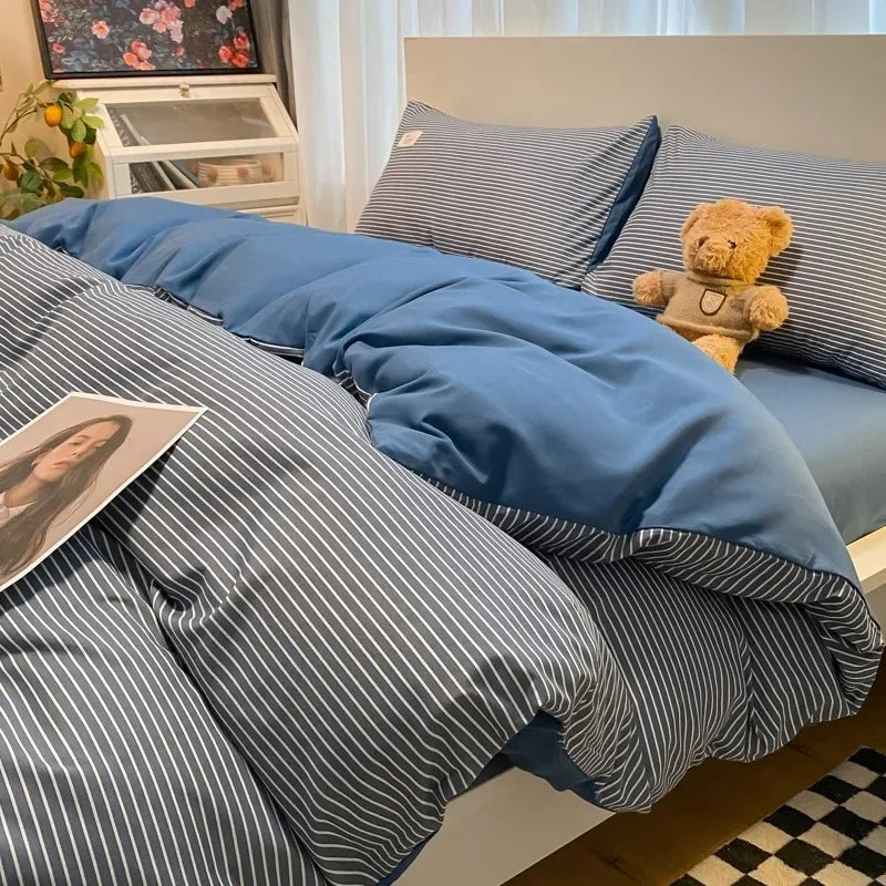 Afralia™ Japanese Grid Print Bed Set in Washed Cotton for Summer Comfort
