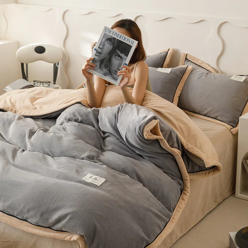 Afralia™ Winter Plush Milk Velvet Duvet Cover, Cozy Solid Warm Quilt for Adult Bedding