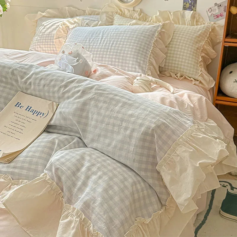 Afralia™ Korean Grid Lace Washed Cotton Bedding Set, Cozy Comforter Cover Single Double Queen