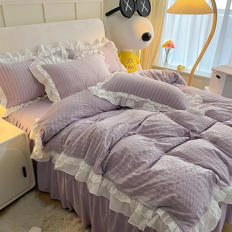 Afralia™ Lace Trim Washed Cotton Bedding Set - 4Pcs Solid Color Duvet Cover & Bed Skirt