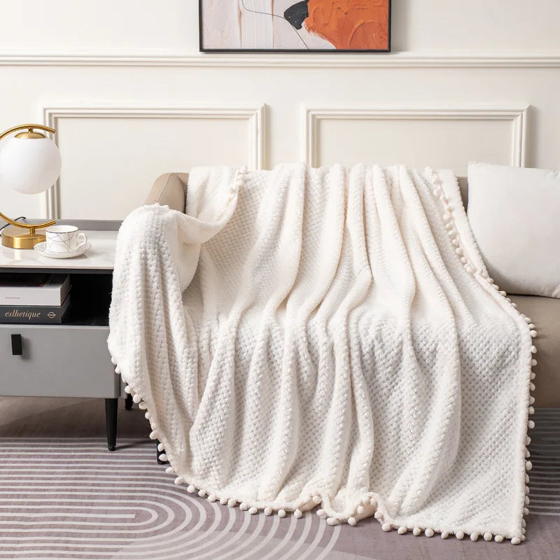 Afralia™ Plaid Tassel Ball Fleece Blanket - Queen Double Bedspread, Four Season Sofa Cover
