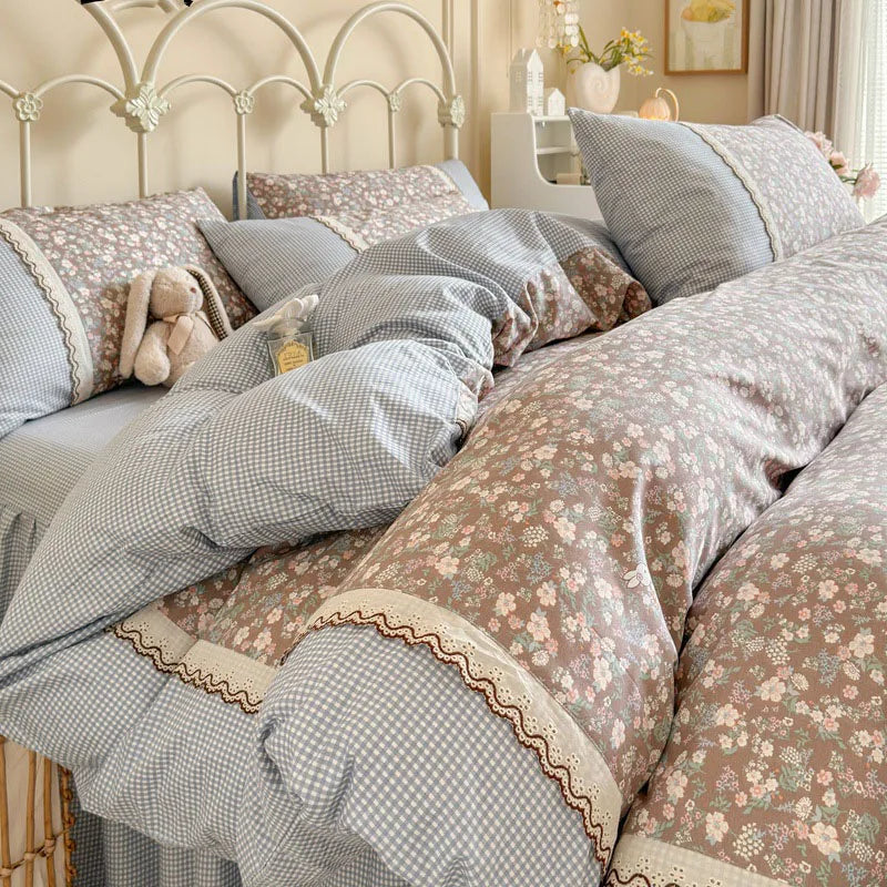 Afralia™ Floral Embroidery Lace Bedding Set Full Double Size Skin Friendly Cotton