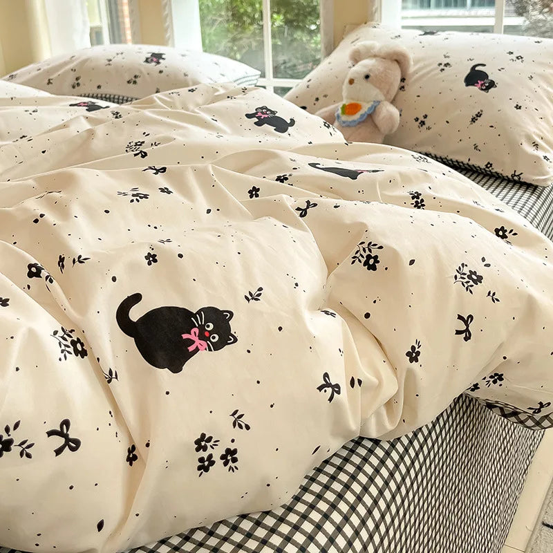 Afralia™ Grid Print Cotton Bedding Set for Single Double Beds