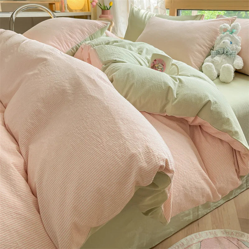 Afralia™ Cotton Striped Bedding Set Yarn Dyed Washed Duvet Cover Single Bedclothes