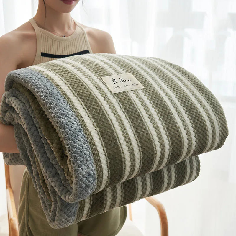 Afralia™ Japanese Striped Coral Fleece Blanket: Warm Sofa Cover, Office Nap Shawl, All Seasons