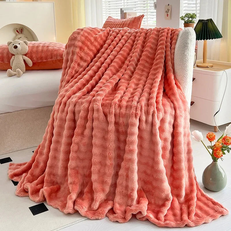 Afralia™ Soft Plush Faux Rabbit Fur Throw Blanket - White Striped Luxury Fluffy Blanket