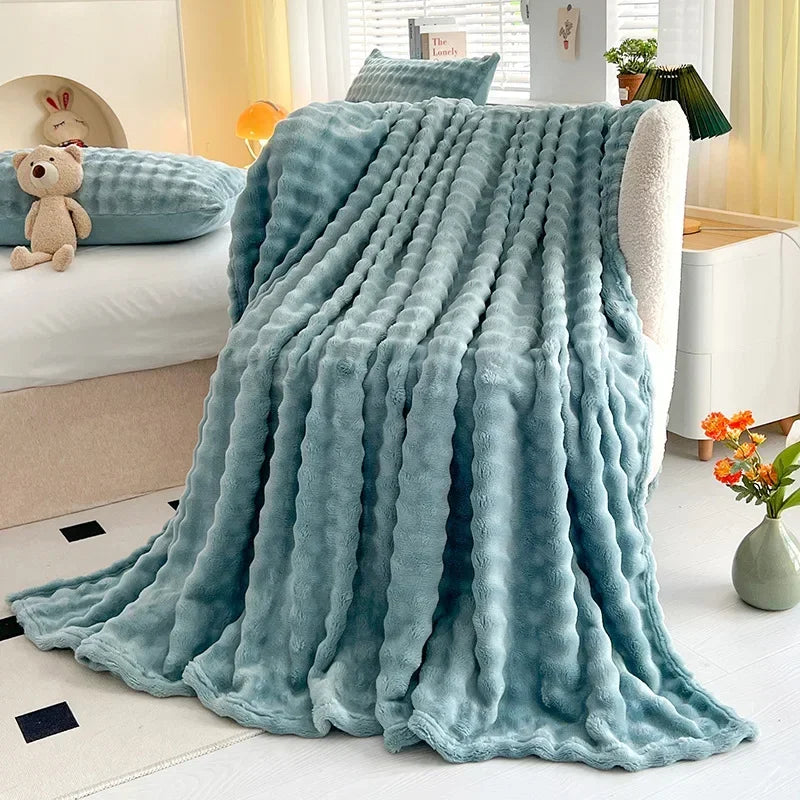 Afralia™ Soft Plush Faux Rabbit Fur Throw Blanket - White Striped Luxury Fluffy Blanket