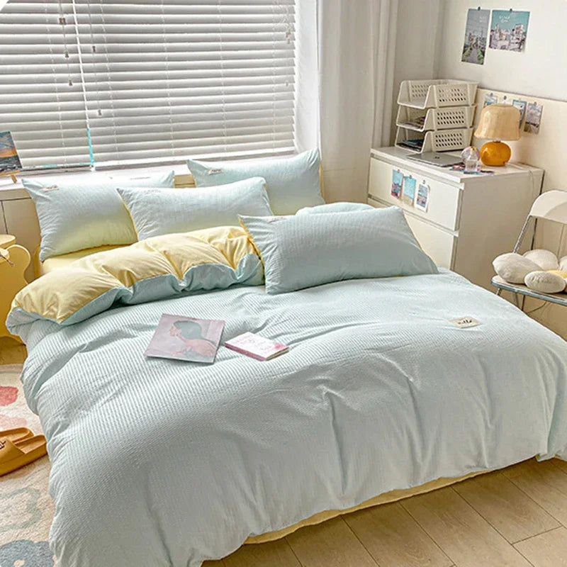 Afralia™ Soft Waffle Comforter Set with Printed Fitted Sheet for Single Double Beds