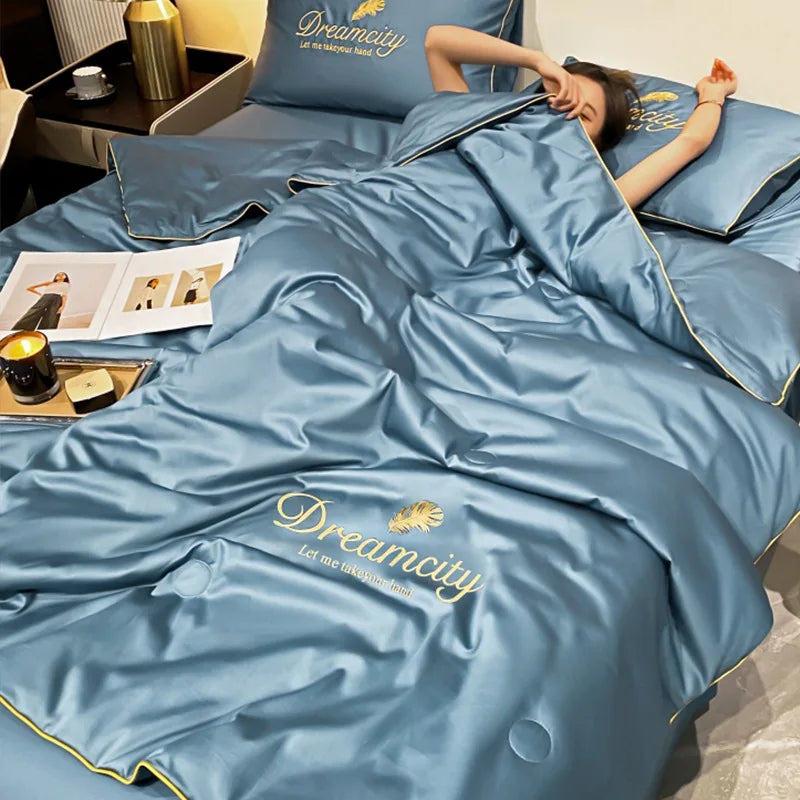 Afralia™ Embroidered Ice Silk Summer Quilt Set with Pillowcases