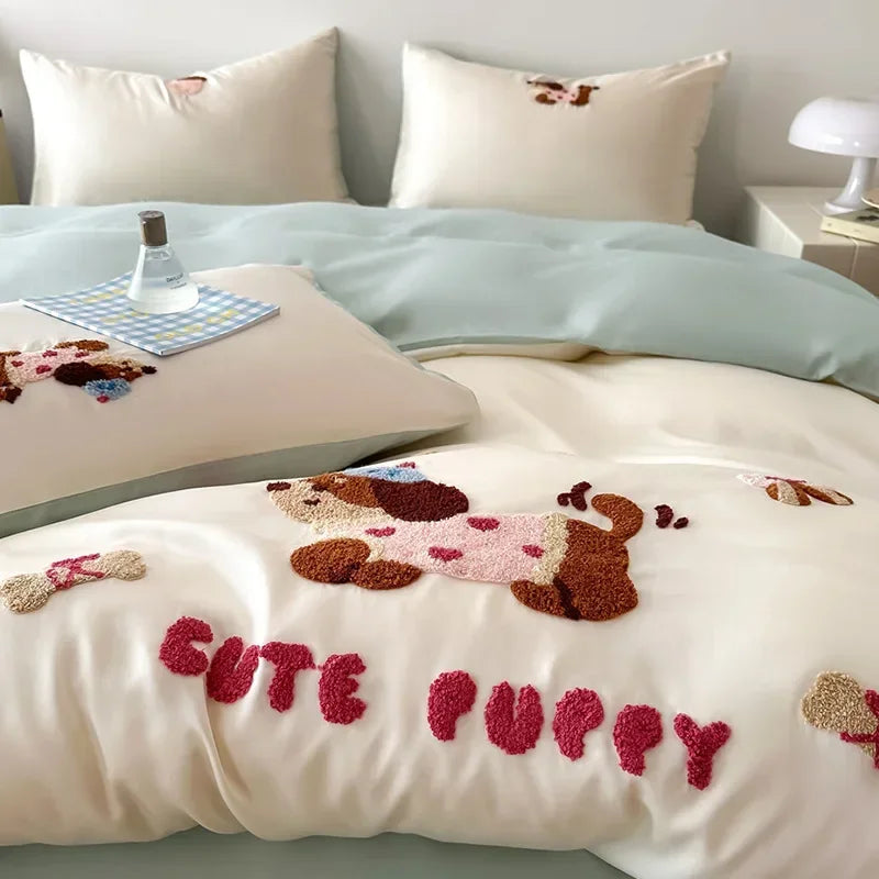 Afralia™ Cartoon Embroidery Cotton Bedding Set - Summer Cool, Skin Friendly Flat Sheet Kit