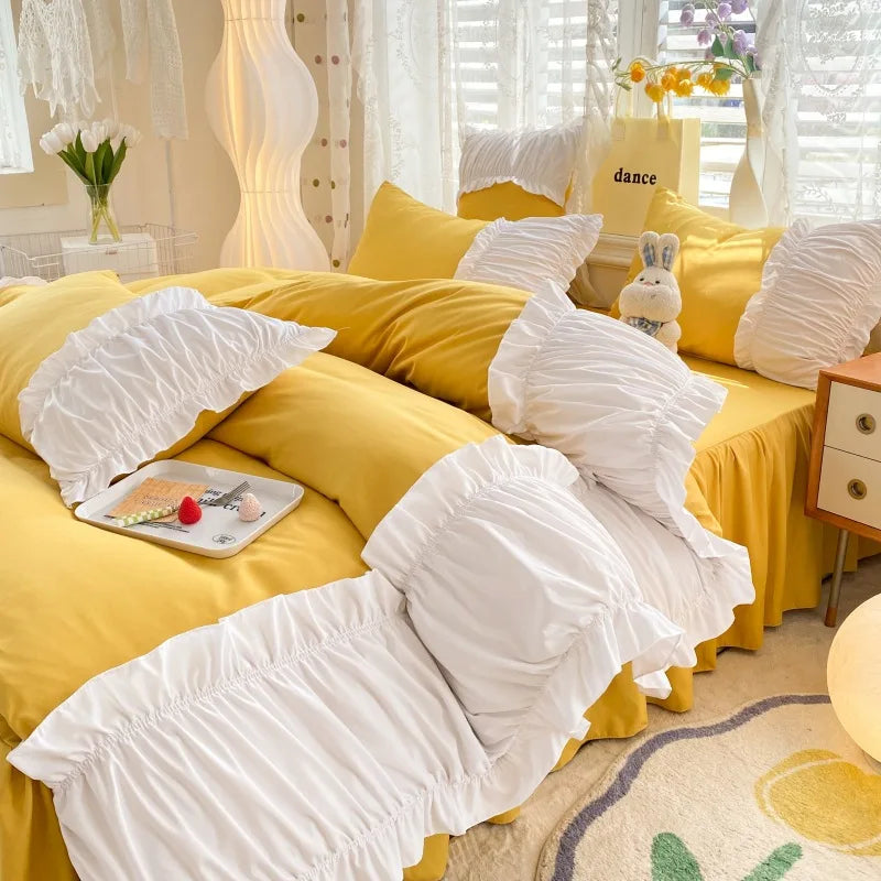 Afralia™ Lace Trim Solid Cotton Bedding Set - Queen/King/Double/Single Sizes