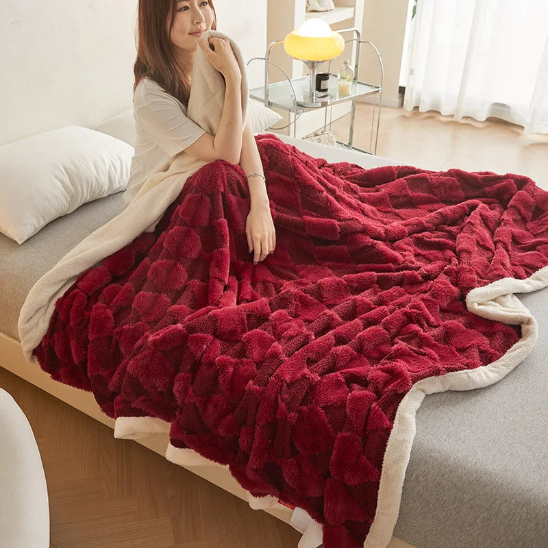 Afralia™ Rabbit Velvet Plaid Jacquard Blanket: Warm, Double Layered, Non-Fading Comforter
