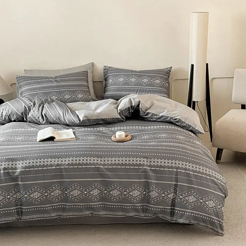 Afralia™ Geometric Pattern Cotton Fitted Sheet Set, King/Queen Bed Comfort Bedding