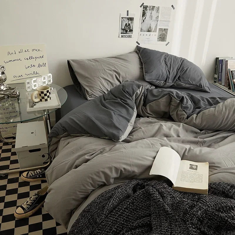 Afralia™ Washed Cotton Duvet Cover Set: Solid Color Bed Sheet Style, Double-Sided Color Matching Comfort, Bedding