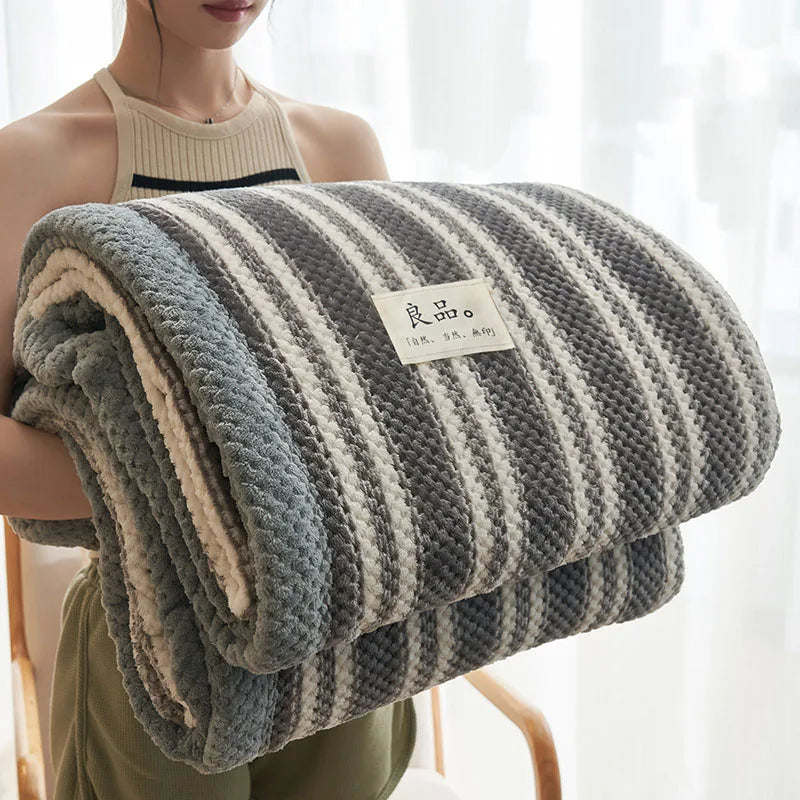 Afralia™ Japanese Striped Coral Fleece Blanket: Warm Sofa Cover, Office Nap Shawl, All Seasons