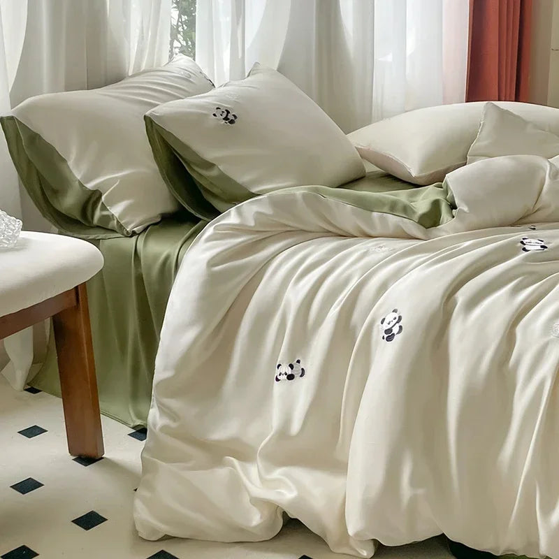 Afralia™ Summer Rayon Silk Bedding Set Queen/King Super Soft Duvet Cover Fitted Sheet Smooth Silk Bedclothes