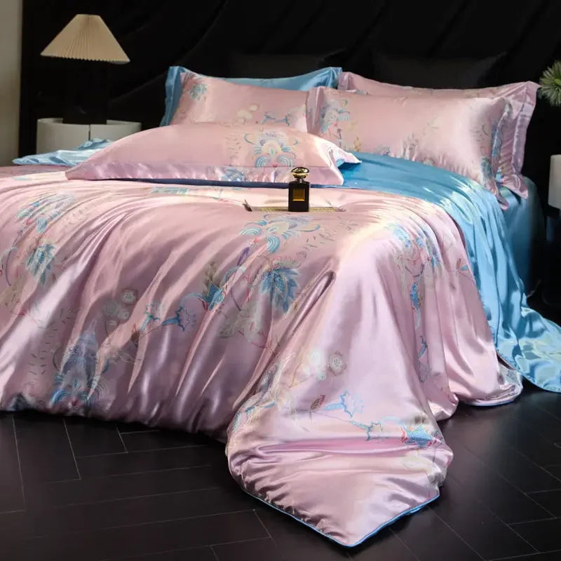 Afralia™ Mulberry Silk Cooling Bedding Set - 3D Printed Satin Fitted Sheet & Quilt Cover